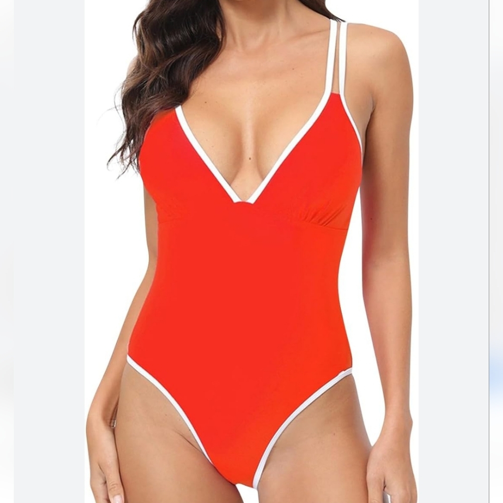 B2prity Women's Swimsuit Convertible Straps Size L Orange‎ High Waist One Piece